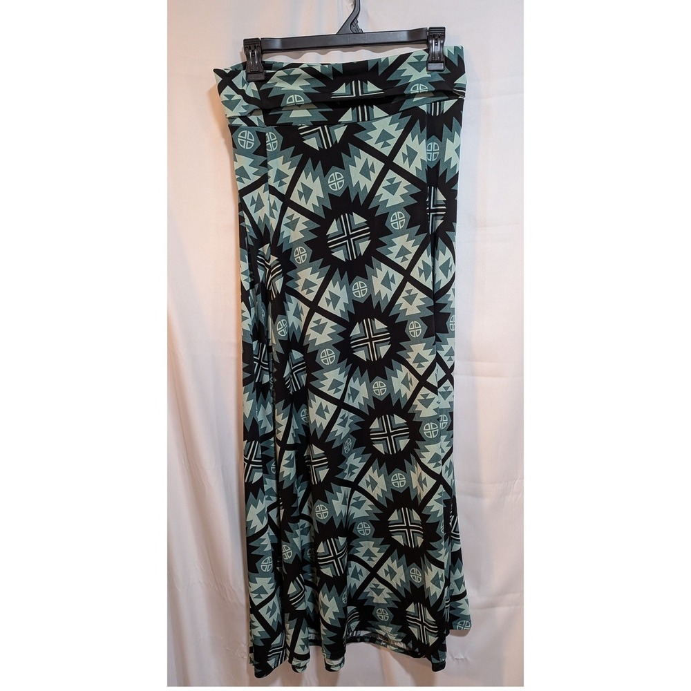 Whimsigoth Boho Western RetroGlam  Artsy Geometric Black Teal Green S Maxi Skirt - Picture 3 of 10